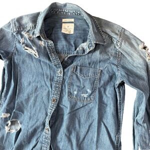 American Eagle Outfitters Shirt Womens XS Blue Denim Distressed Oversized Fit